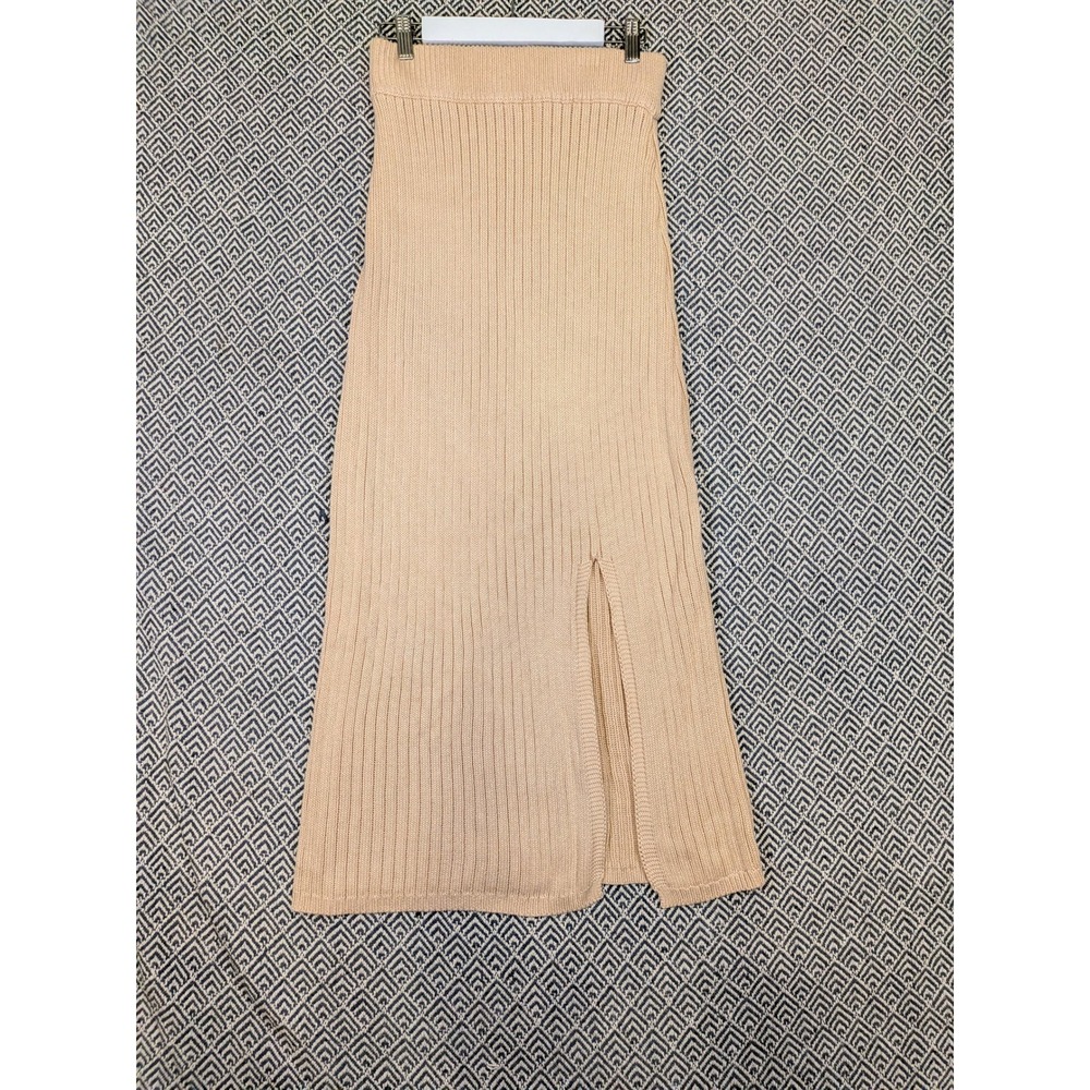 Pink Lily Beige Ribbed Knit Midi Sweater Skirt M Stretch Slit Neutral
